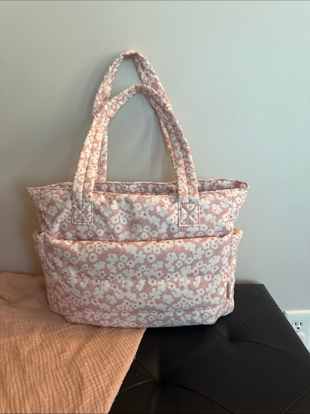 Pink Floral Quilted Tote Bag with Front Pocket